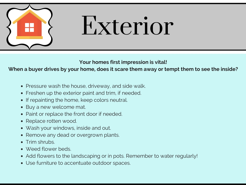 A chart listing things you can do to the exterior of your home to prepare your home for sale