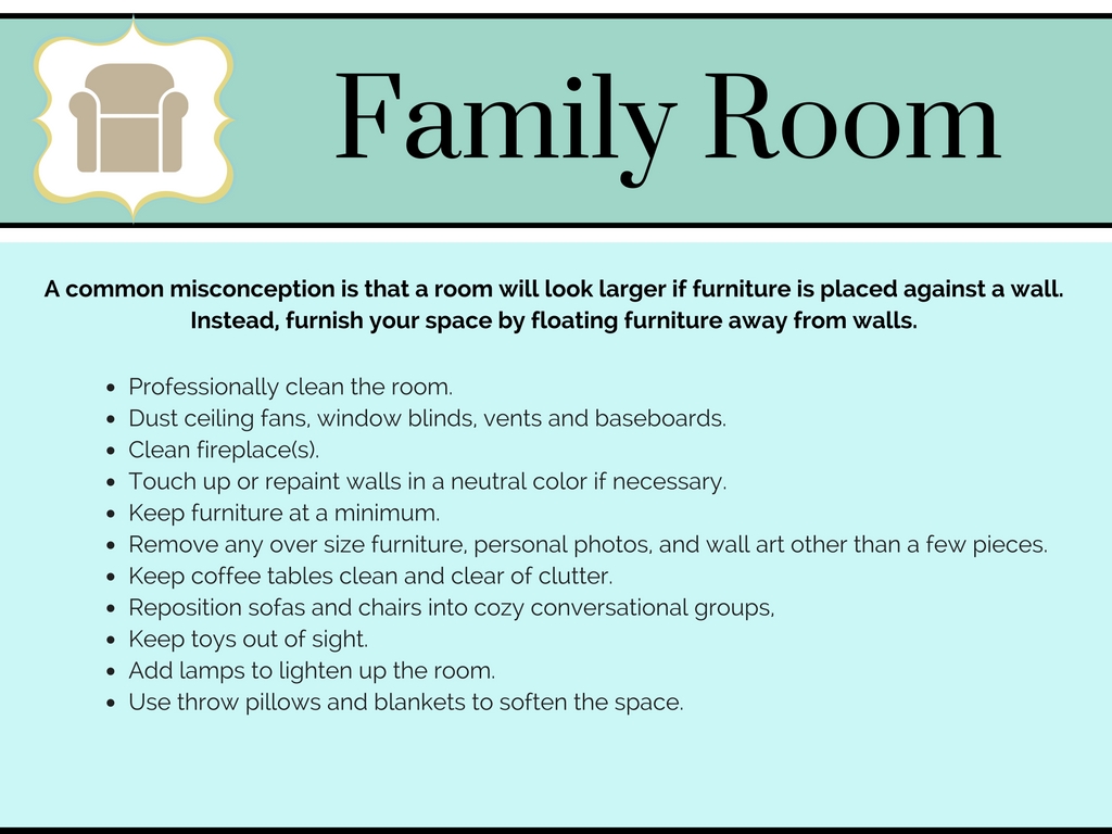 An infograph with the title Family Room. To the left of the title is a tan chair icon. Below the title are 11 bullet points of things to do in your family room when preparing a house for selling.