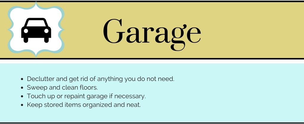 An infograph labeled garage with a picture of a black car to the left and bullet points of checklist items beneath it.