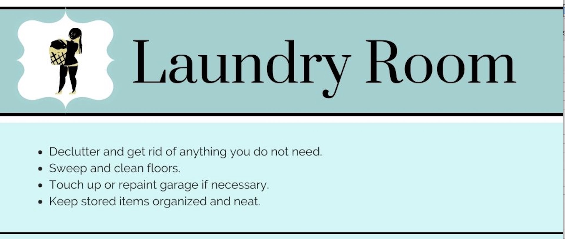 An infograph titled Laundry Room with an icon of a woman carrying a laundry basket to the left of the title. Beneath the title are bullet points of things to do in your laundry room when selling a house.