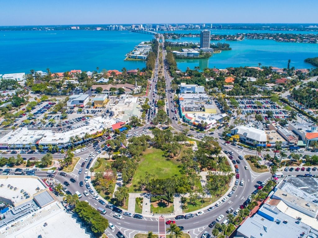 An aerial photo showing how the streets of St. Armand's form a circle.  Streets jet out off the circle. One leads to Lonboat Key, one leads to Lido Key and one leads to downtown Sarasota.