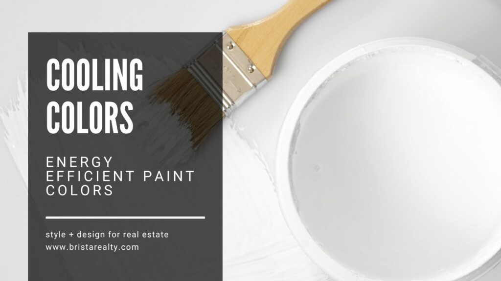 A white background with a paint brush and a white bowl. A black overlay banner to the left of the photo reads cooling colors, energy efficient paint colors