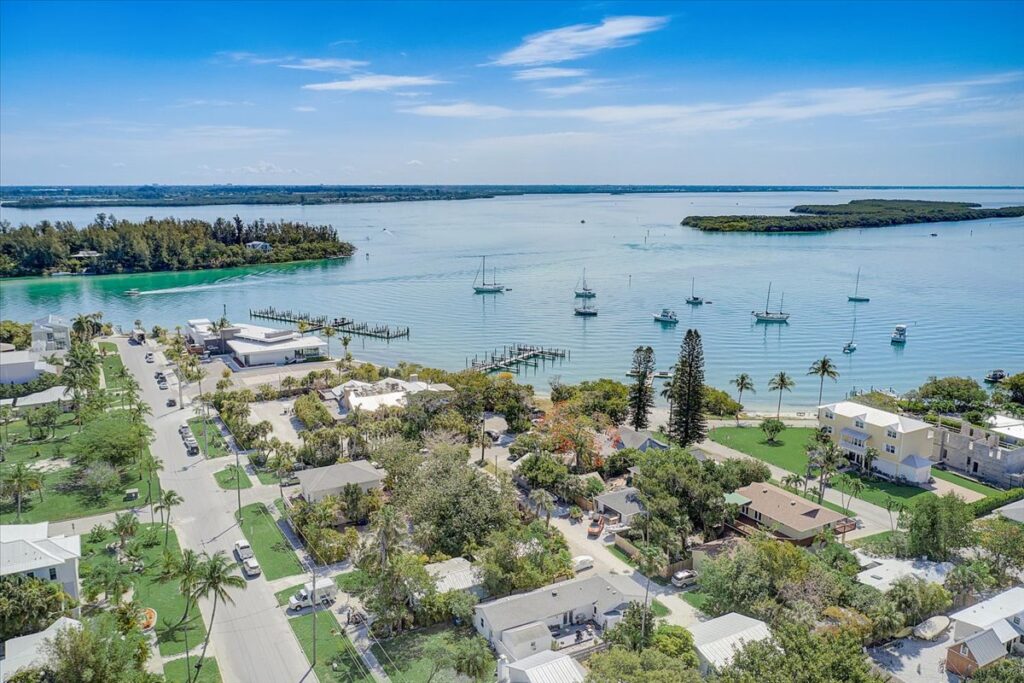 An arial view of homes along the bay in Longboat Key FL