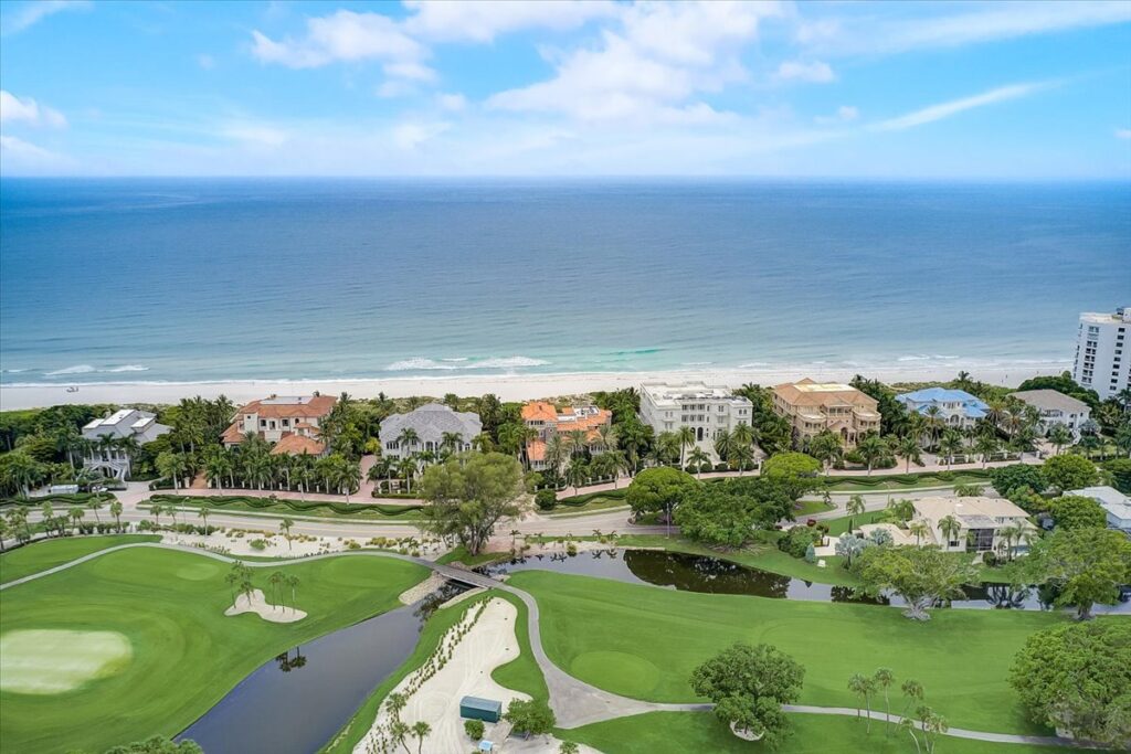 A aerial image of homes in Regent Court lining the Gulf of Mexico