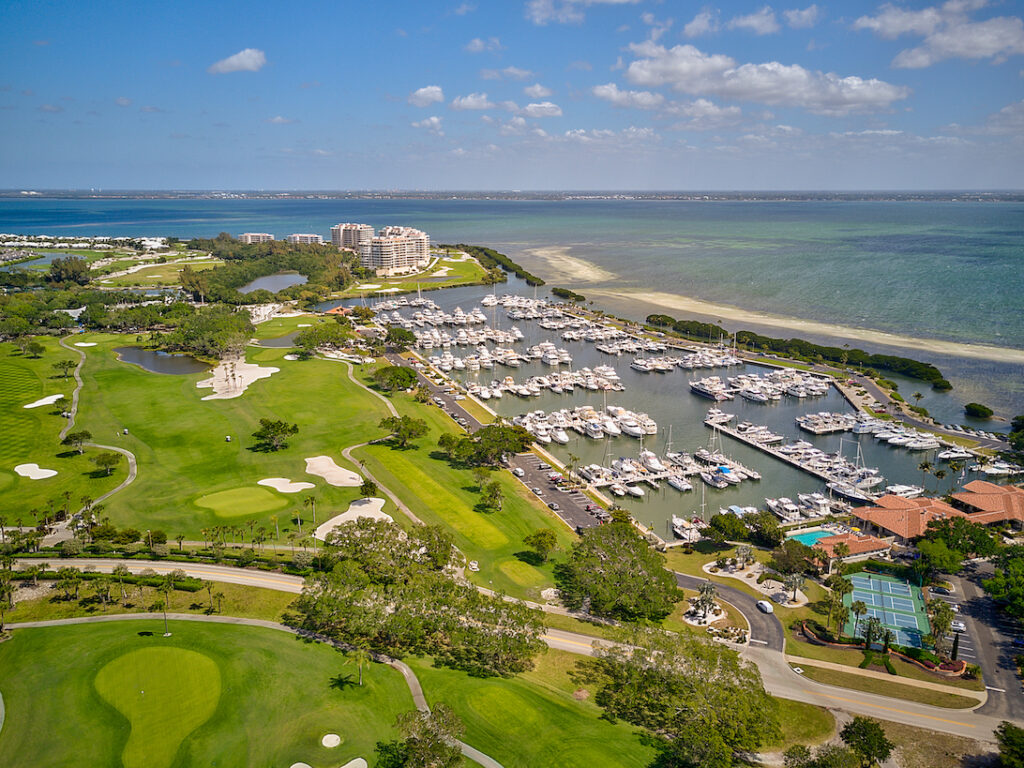An aerial view of the Harbourside Golf Course on Longboat Key, Florida.